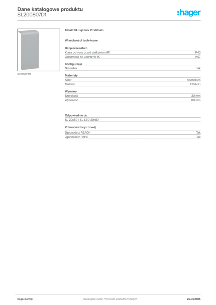 Zdjęcie Hager Karta katalogowa SL200807D1 | Hager Polska