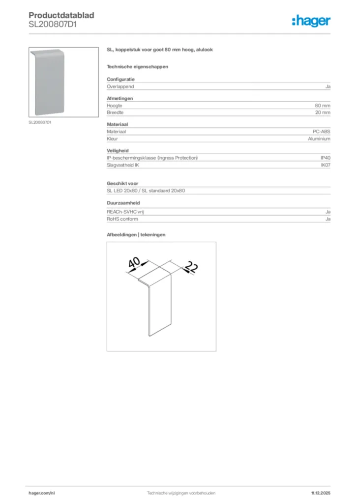 Afbeelding Hager Productdatablad SL200807D1 | Hager Nederland