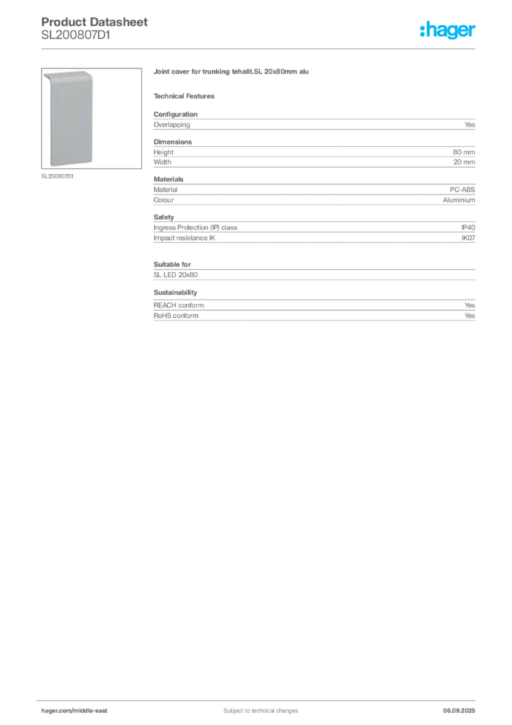 Image Hager Product data sheet SL200807D1  | Hager