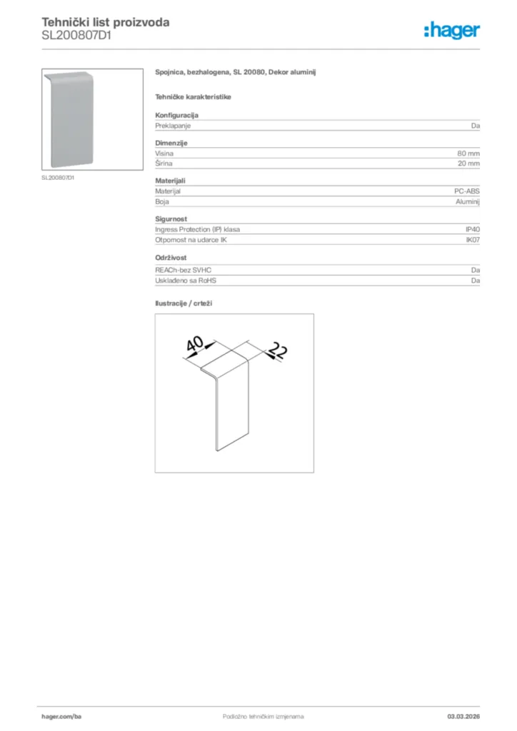 Slika Hager Tehnički list proizvoda SL200807D1  | Hager