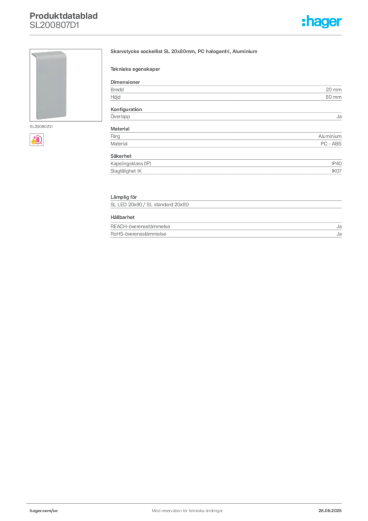 Bild Hager Produktdatablad SL200807D1 | Hager Sverige