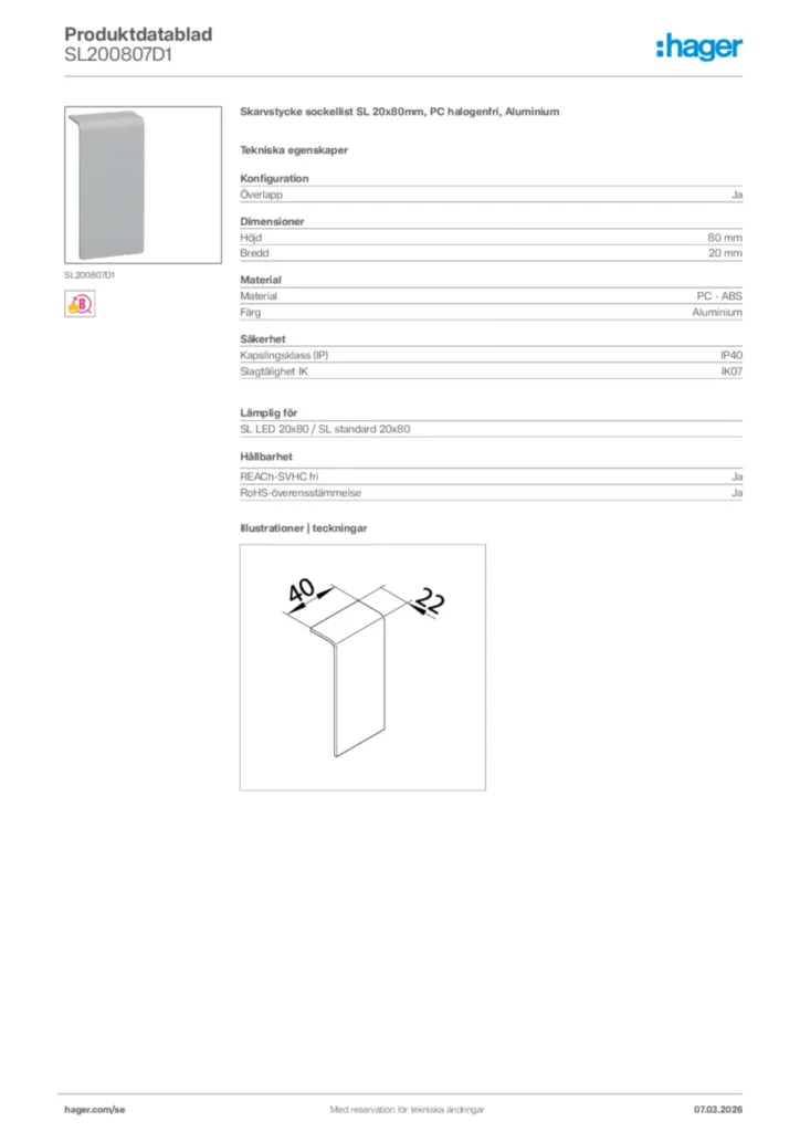Bild Hager Produktdatablad SL200807D1 | Hager Sverige