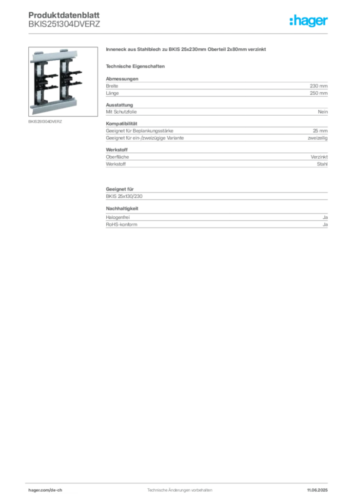 Bild Hager Produktdatenblatt BKIS251304DVERZ | Hager Schweiz