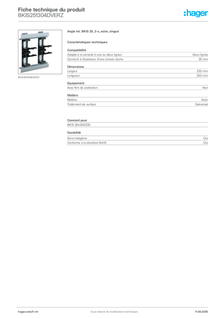 Image Hager Fiche technique du produit BKIS251304DVERZ | Hager Suisse