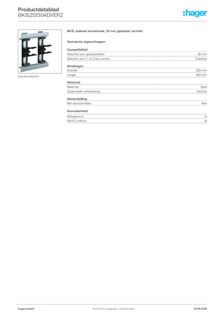 Afbeelding Hager Productdatablad BKIS251304DVERZ | Hager Nederland