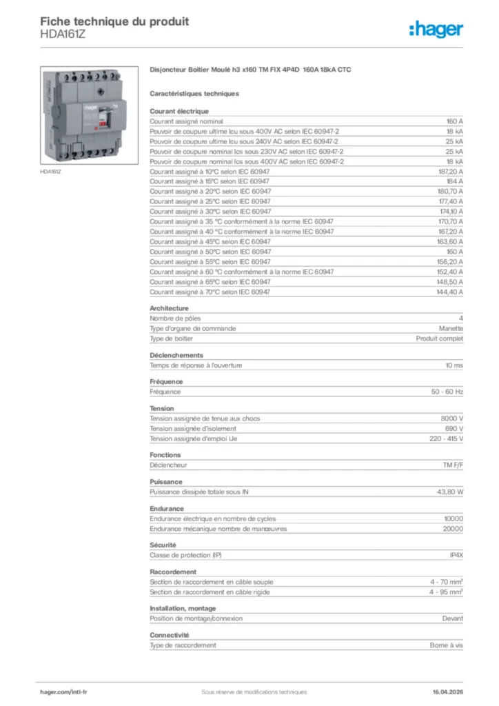 Image Hager Fiche technique du produit HDA161Z | Hager Afrique