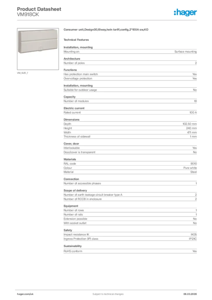 Image Hager Product data sheet VM918CK  | Hager