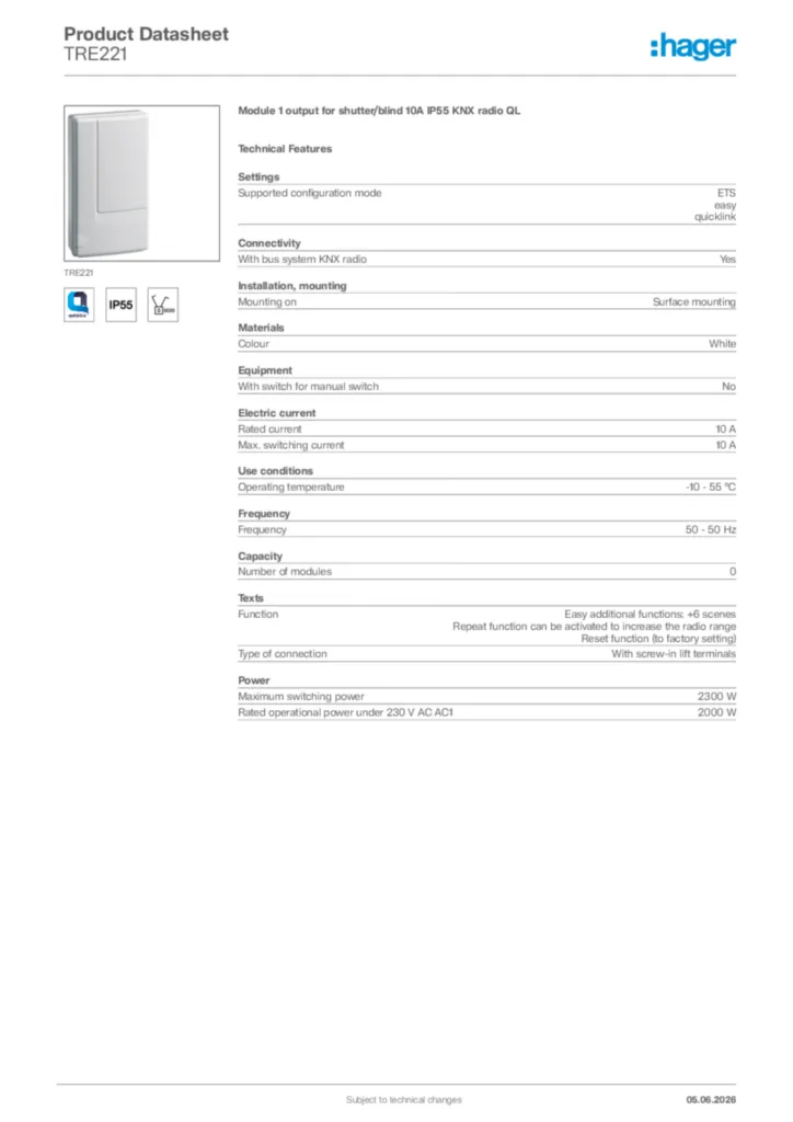 Image Hager Product data sheet TRE221  | Hager Africa