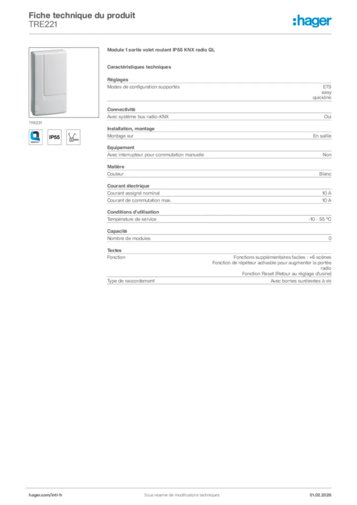 Image Hager Fiche technique du produit TRE221 | Hager Afrique