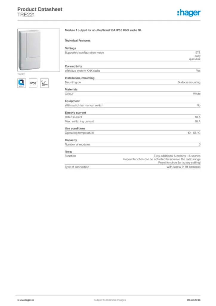 Image Hager Product data sheet TRE221  | Hager