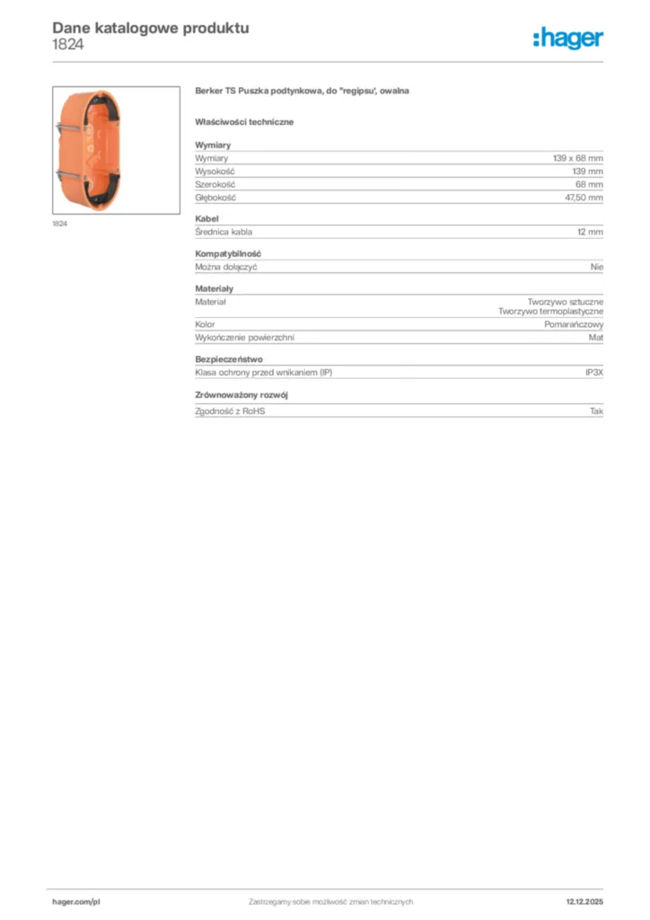 Zdjęcie Hager Karta katalogowa 1824 | Hager Polska