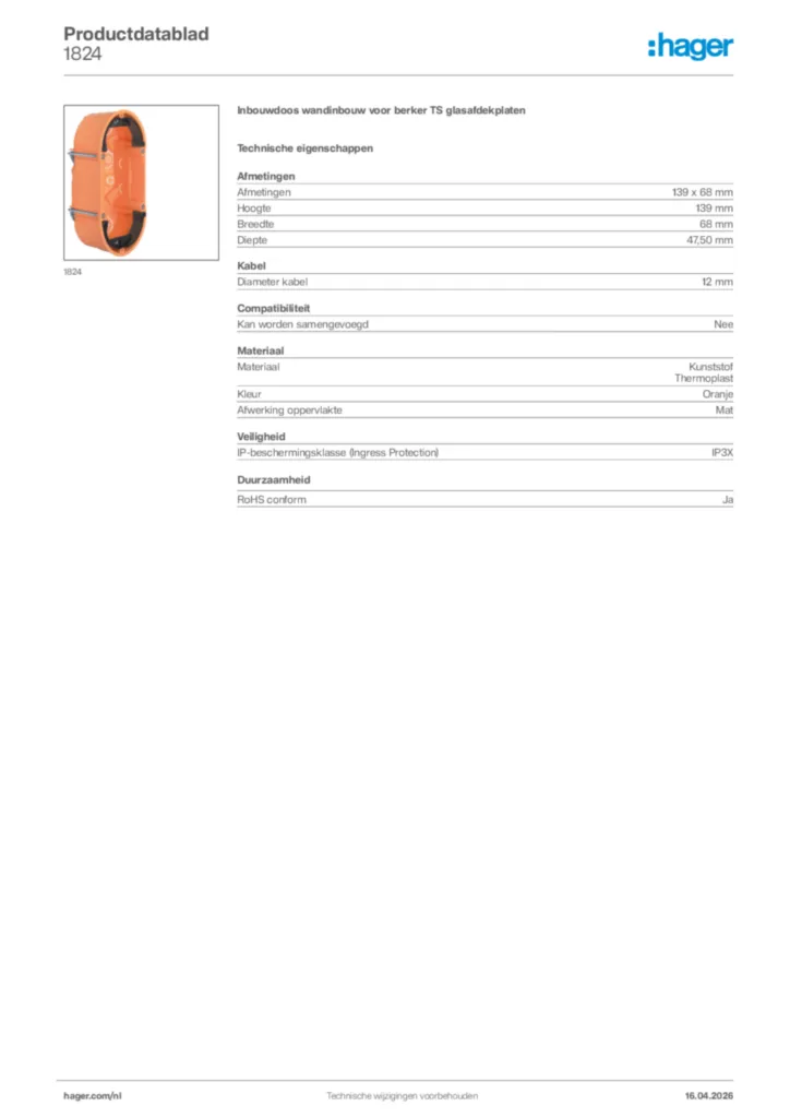 Afbeelding Hager Productdatablad 1824 | Hager Nederland