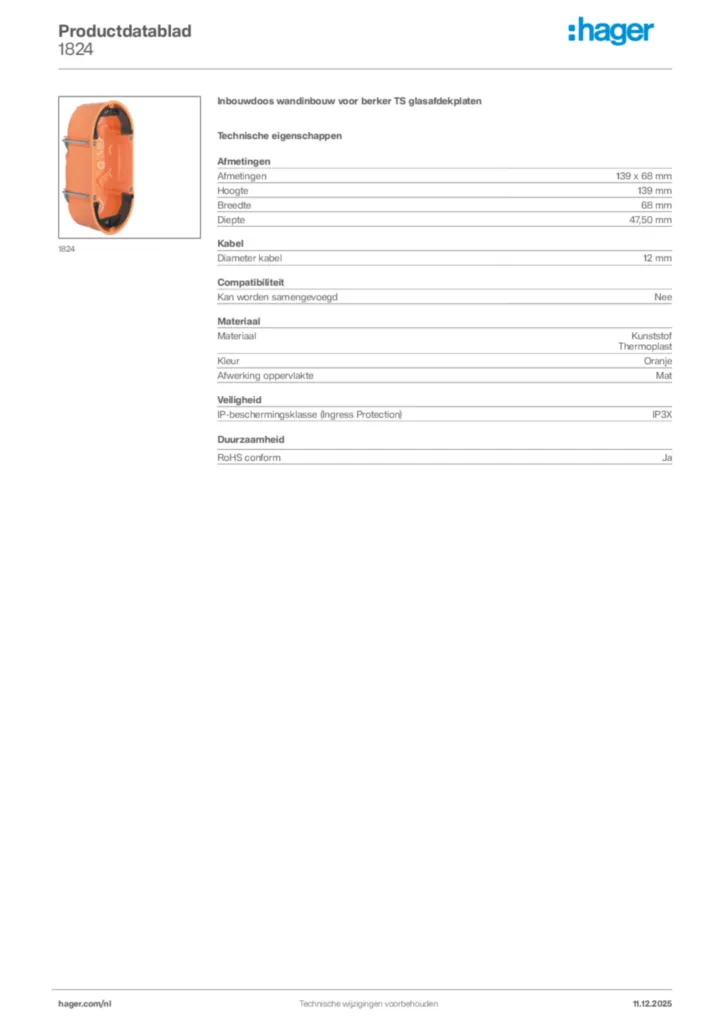 Afbeelding Hager Productdatablad 1824 | Hager Nederland