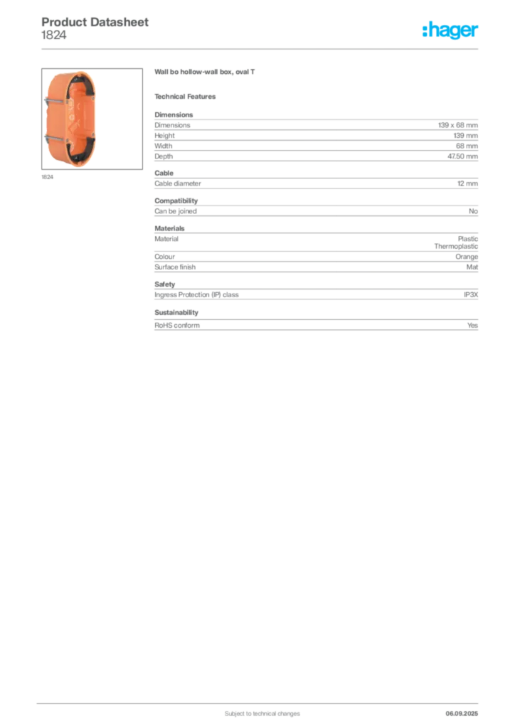 Image Hager Product data sheet 1824  | Hager
