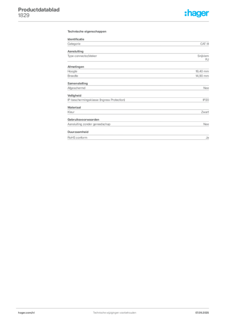 Afbeelding Hager Productdatablad 1829 | Hager Nederland