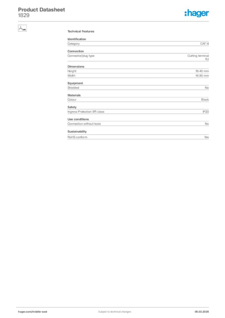 Image Hager Product data sheet 1829  | Hager