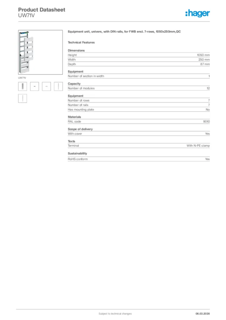 Image Hager Product data sheet UW71V  | Hager Africa