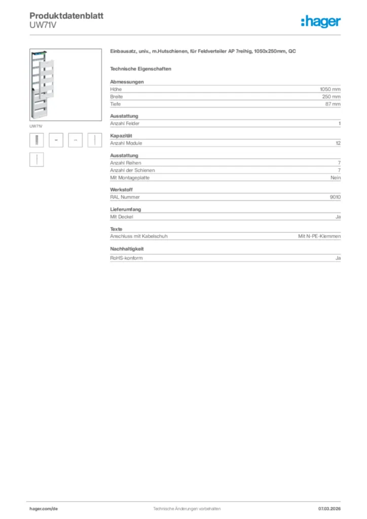 Bild Hager Produktdatenblatt UW71V | Hager Deutschland