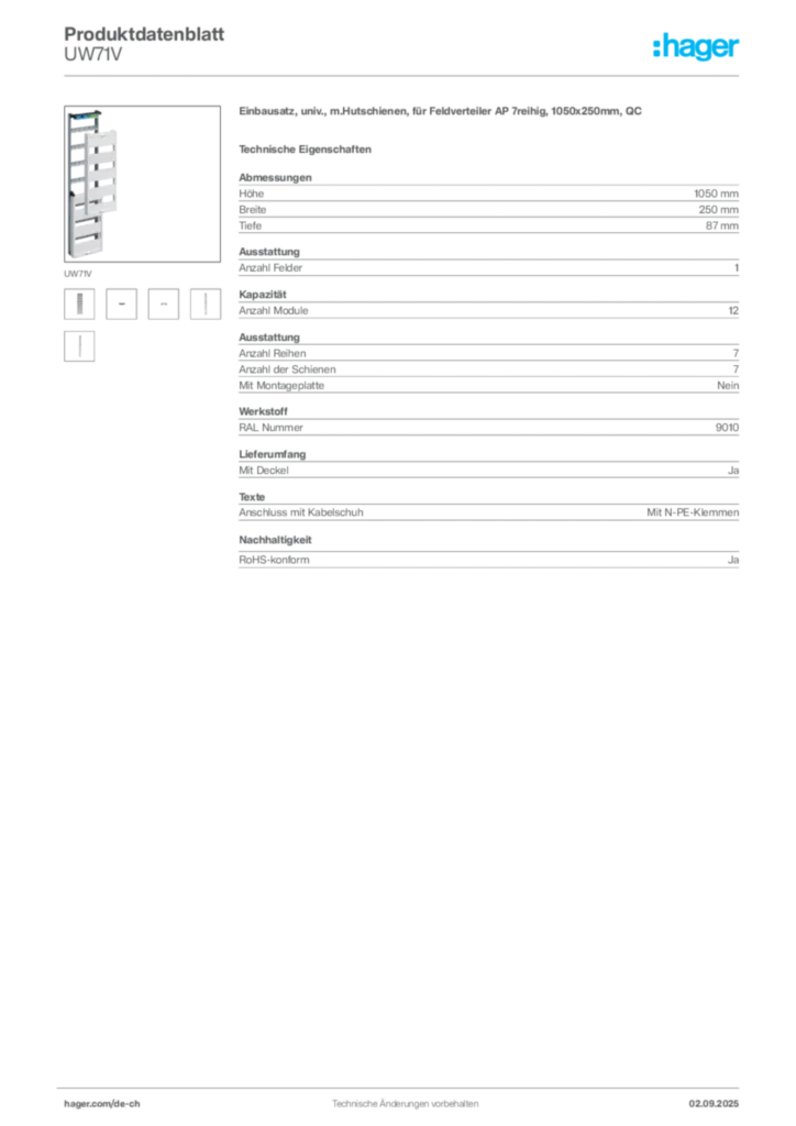 Bild Hager Produktdatenblatt UW71V | Hager Schweiz