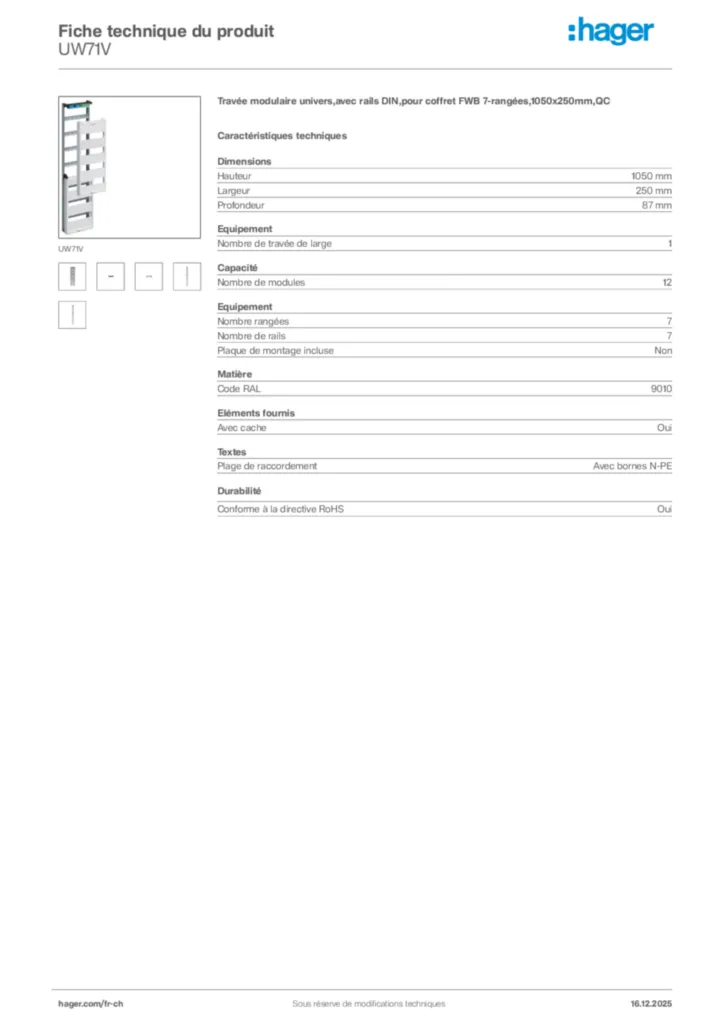 Image Hager Fiche technique du produit UW71V | Hager Suisse
