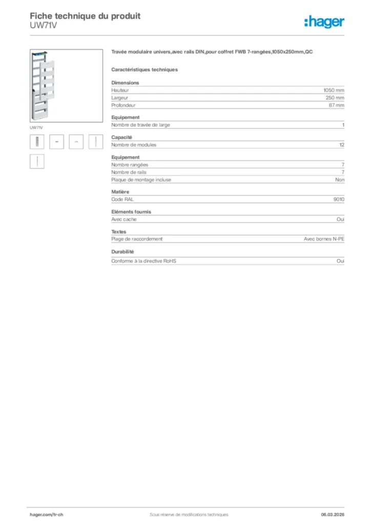 Image Hager Fiche technique du produit UW71V | Hager Suisse