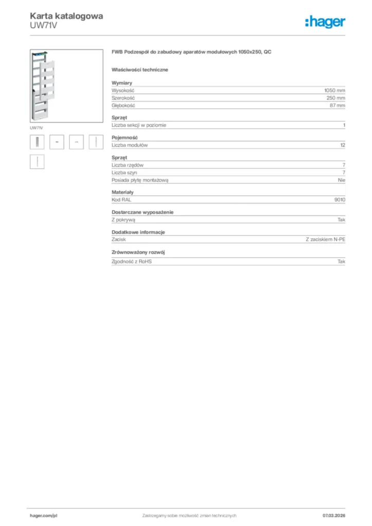 Zdjęcie Hager Karta katalogowa UW71V | Hager Polska