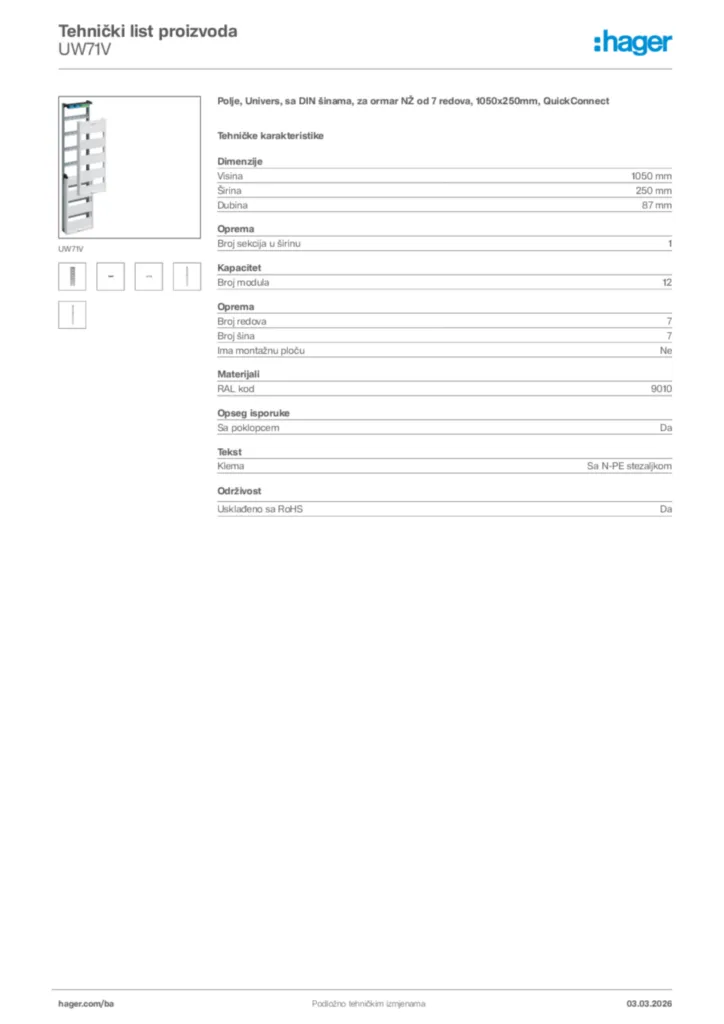 Slika Hager Tehnički list proizvoda UW71V  | Hager