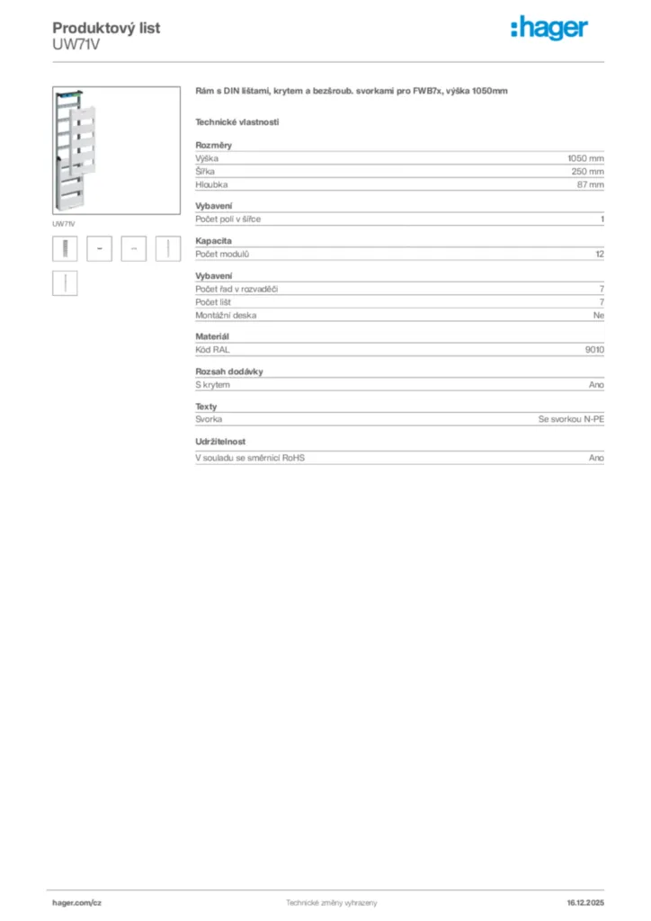 Obrázek Hager Produktový list UW71V | Hager