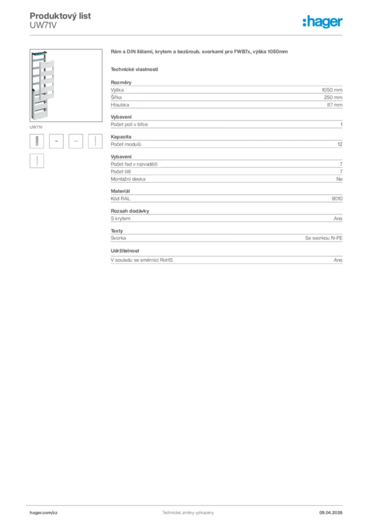 Obrázek Hager Product data sheet UW71V | Hager
