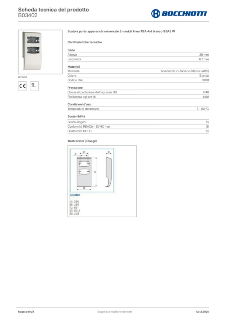 Immagine Bocchiotti Scheda tecnica del prodotto B03402 | Hager Italia