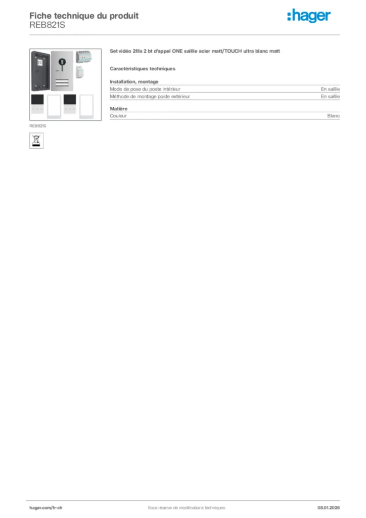 Image Hager Fiche technique du produit REB821S | Hager Suisse