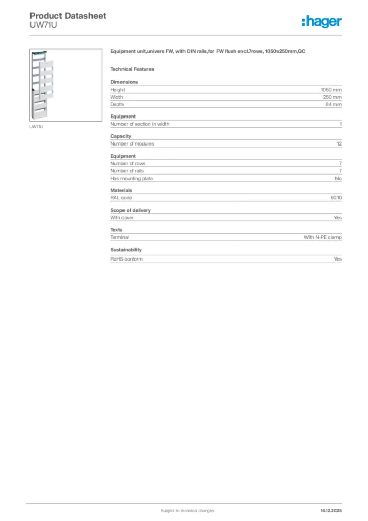 Image Hager Product data sheet UW71U  | Hager Africa