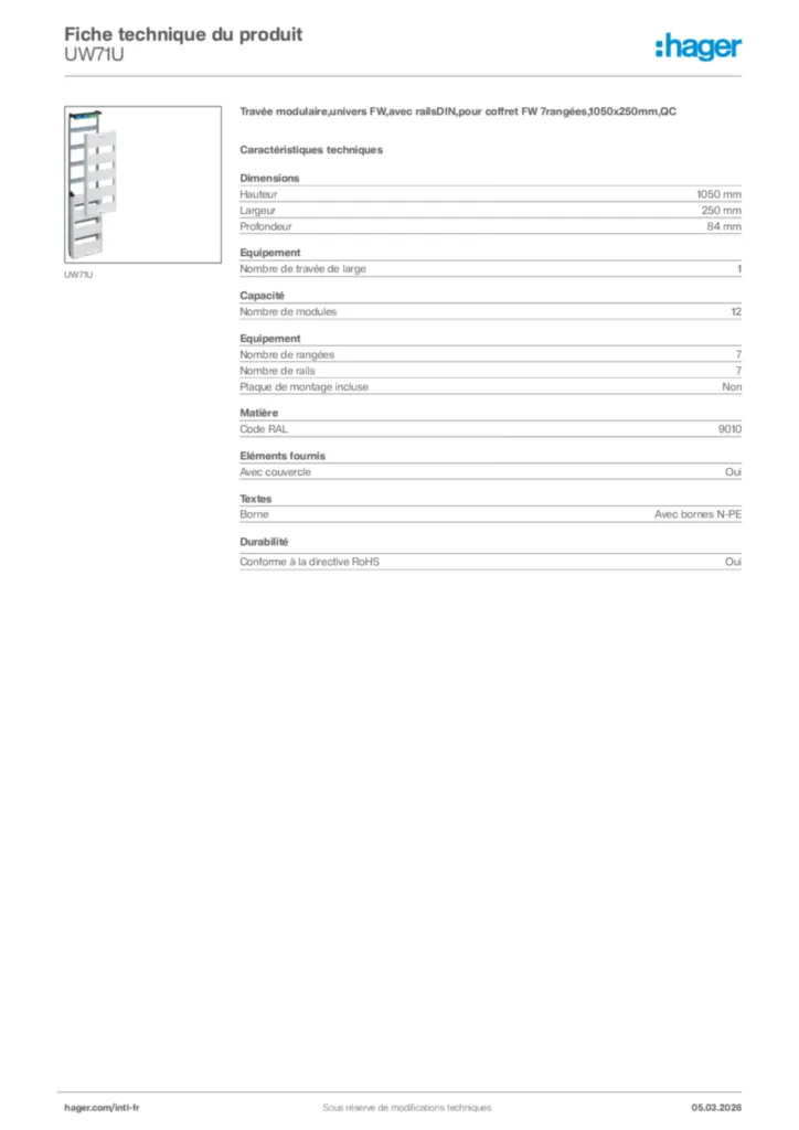 Image Hager Fiche technique du produit UW71U | Hager Afrique