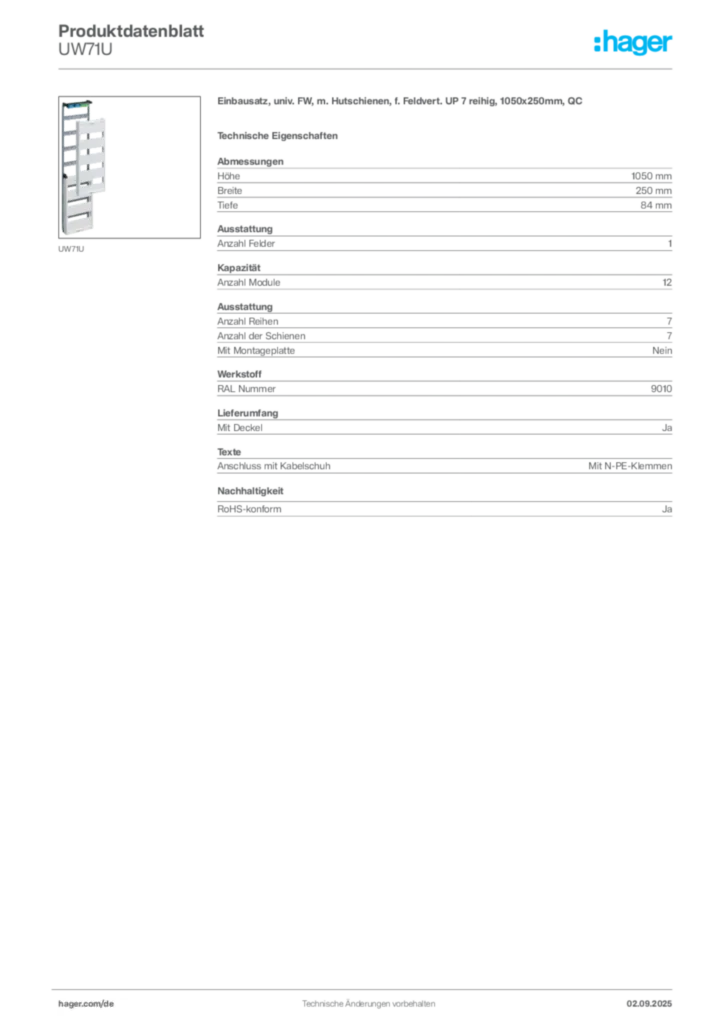 Bild Hager Produktdatenblatt UW71U | Hager Deutschland