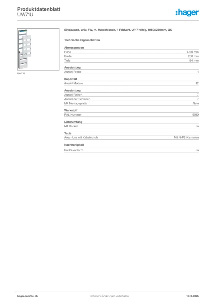 Bild Hager Produktdatenblatt UW71U | Hager Schweiz