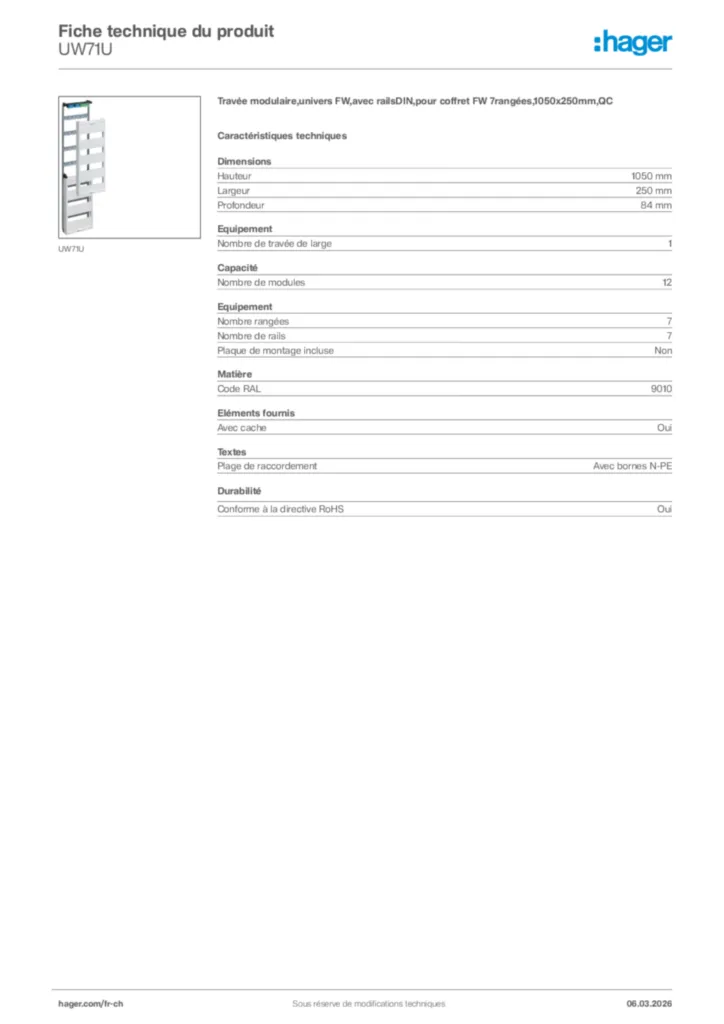 Image Hager Fiche technique du produit UW71U | Hager Suisse