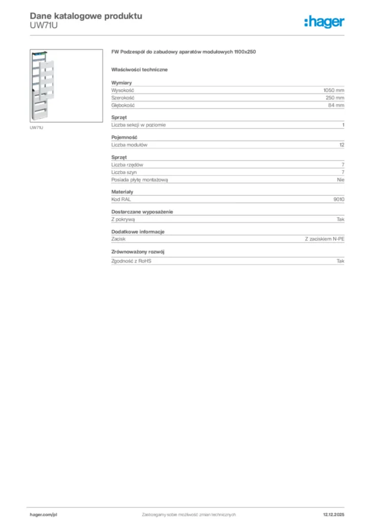Zdjęcie Hager Karta katalogowa UW71U | Hager Polska