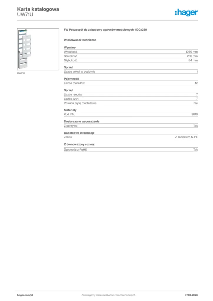 Zdjęcie Hager Karta katalogowa UW71U | Hager Polska