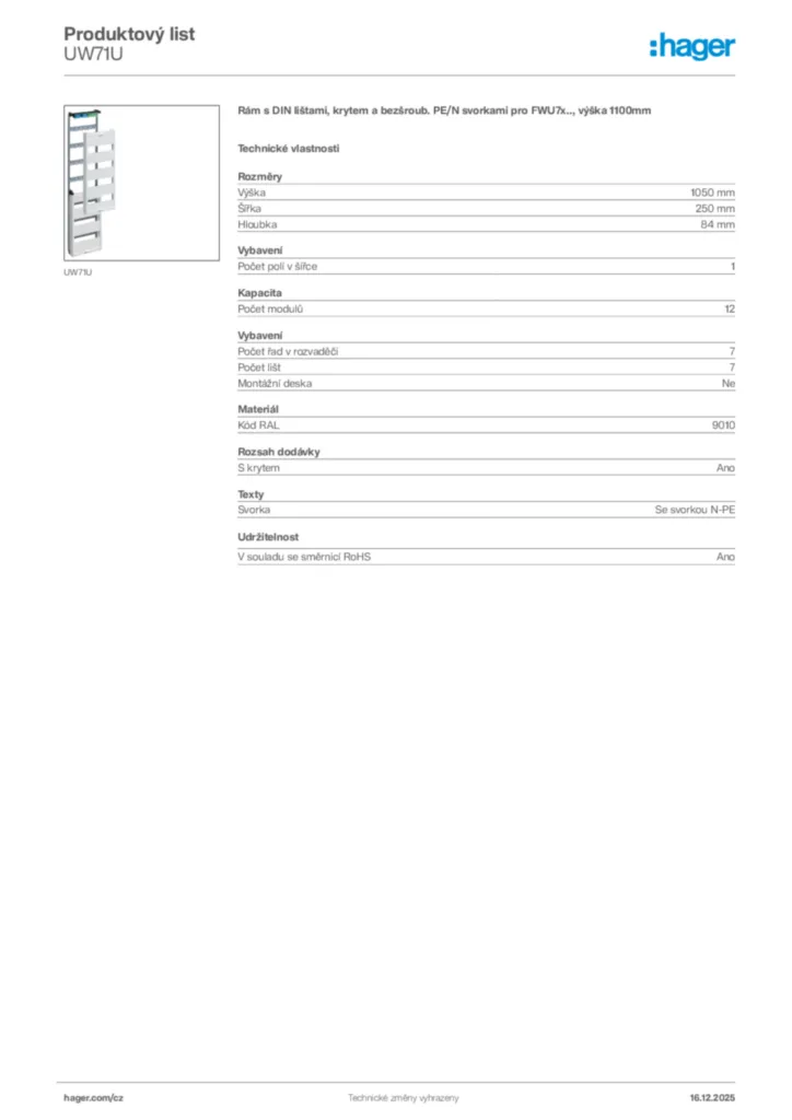 Obrázek Hager Produktový list UW71U | Hager
