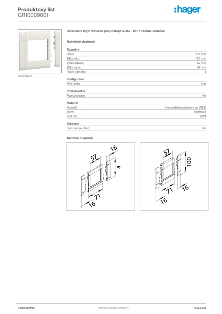 Obrázek Hager Produktový list GR10009001 | Hager