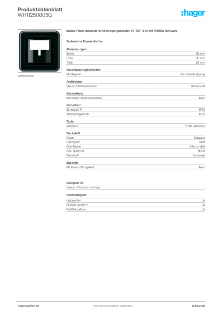 Bild Hager Produktdatenblatt WH11250805G | Hager Schweiz