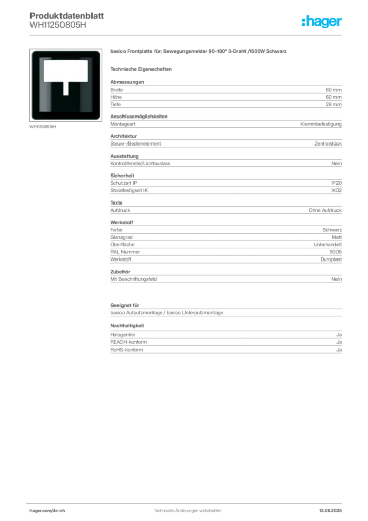 Bild Hager Produktdatenblatt WH11250805H | Hager Schweiz