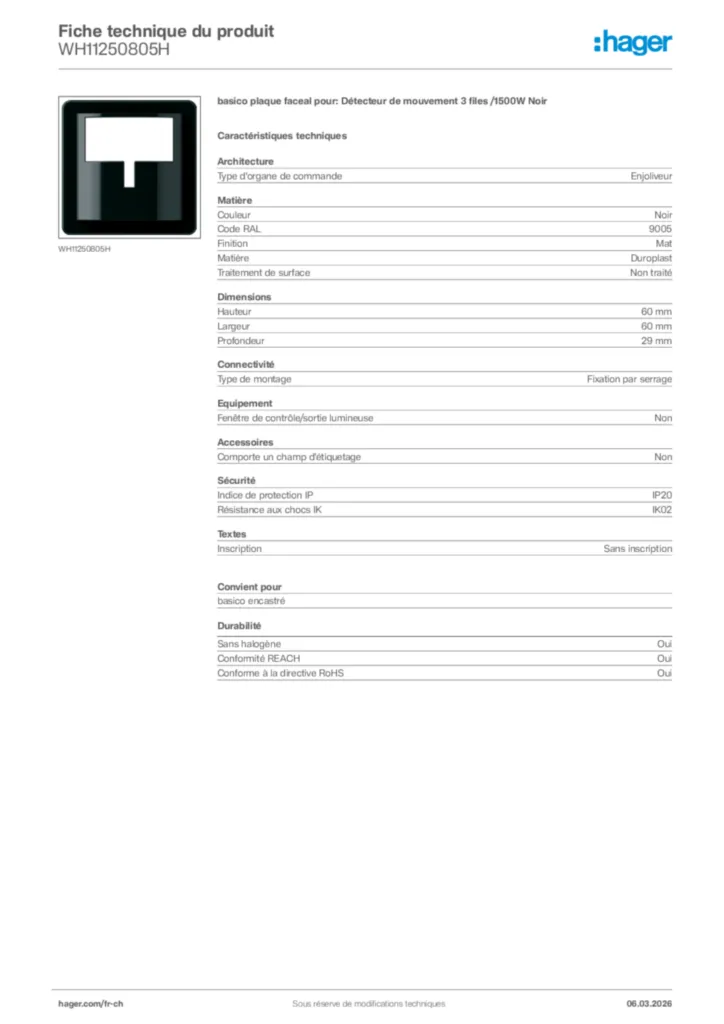 Image Hager Fiche technique du produit WH11250805H | Hager Suisse