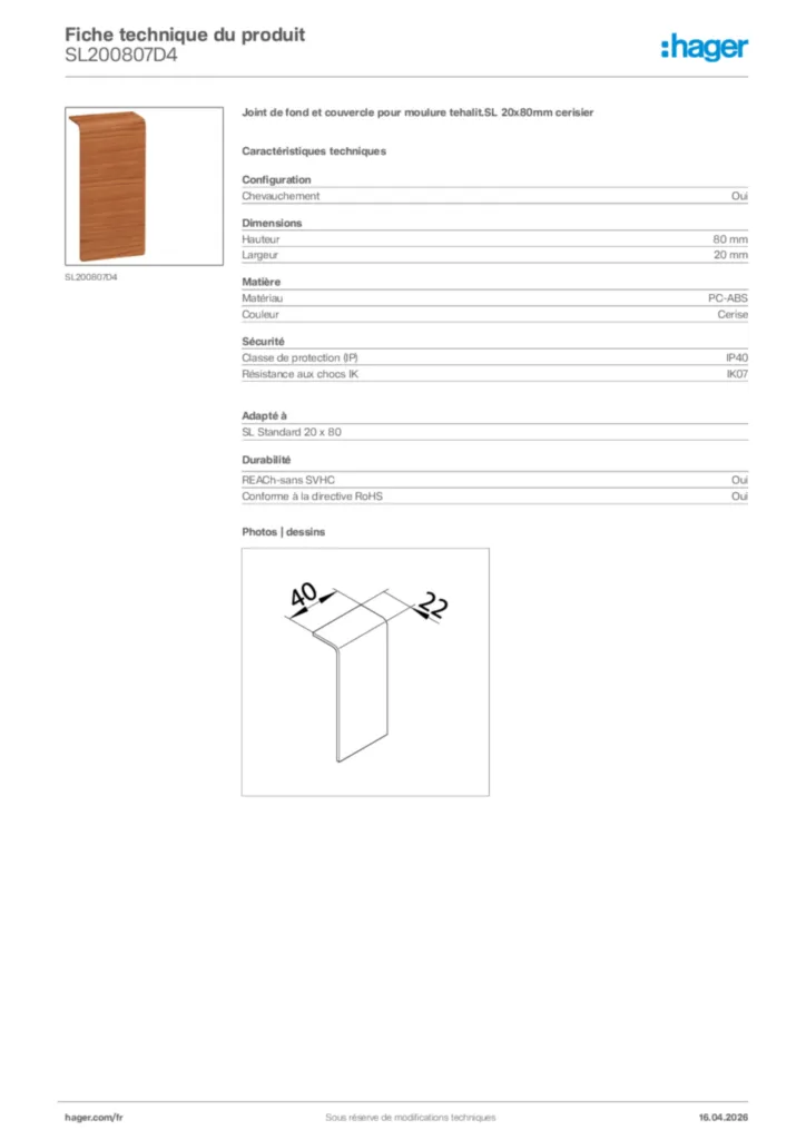 Image Hager Fiche technique du produit SL200807D4 | Hager France