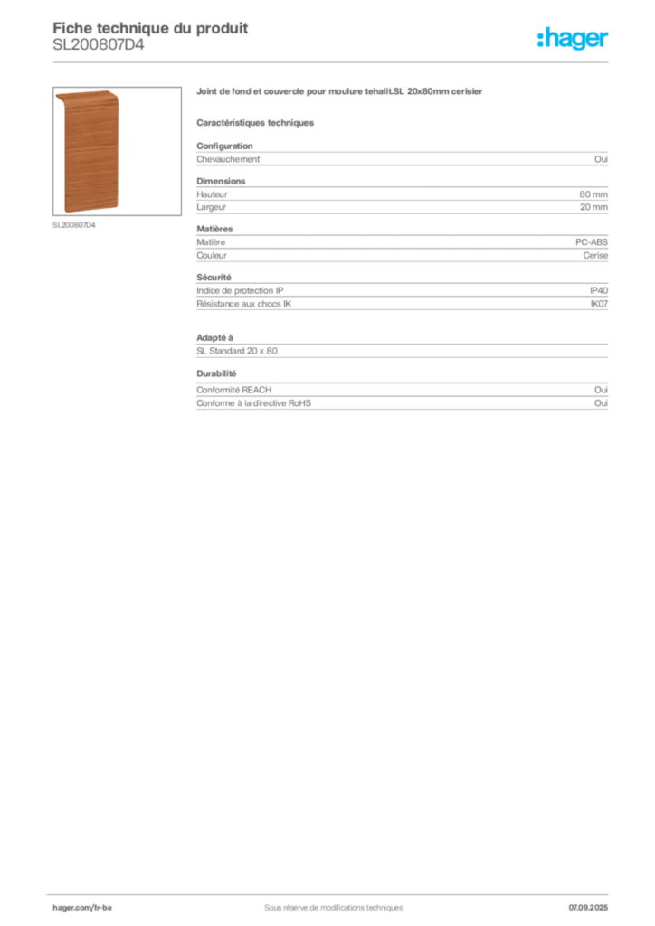 Image Hager Fiche technique du produit SL200807D4 | Hager Belgique