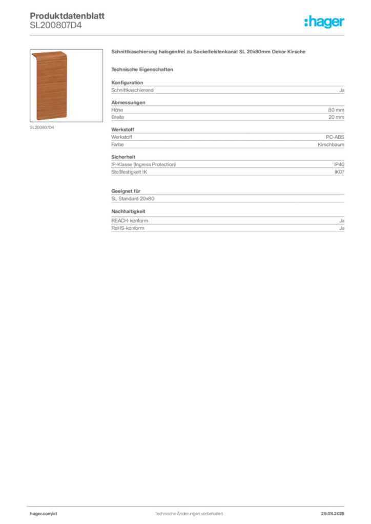 Bild Hager Produktdatenblatt SL200807D4 | Hager Deutschland