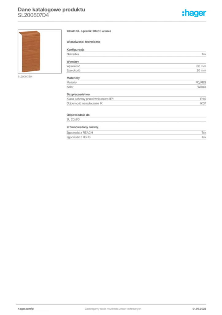 Zdjęcie Hager Karta katalogowa SL200807D4 | Hager Polska