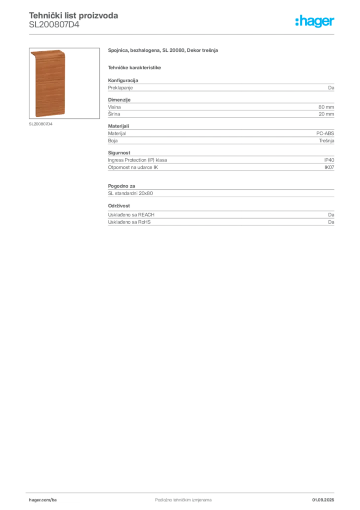 Slika Hager Tehnički list proizvoda SL200807D4  | Hager