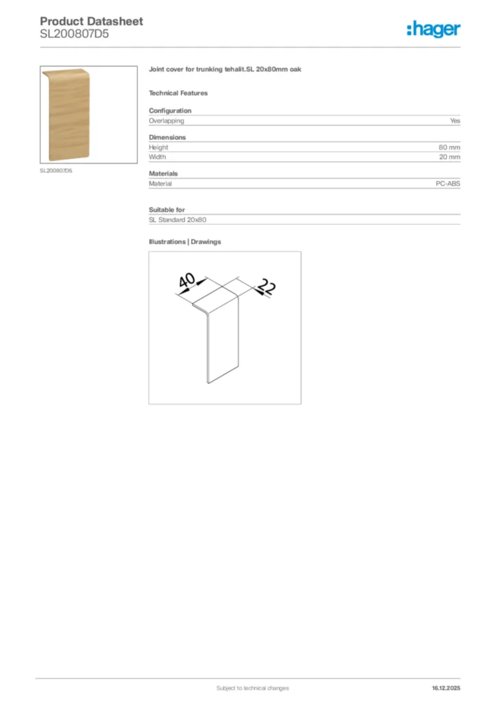 Image Hager Product data sheet SL200807D5  | Hager Africa