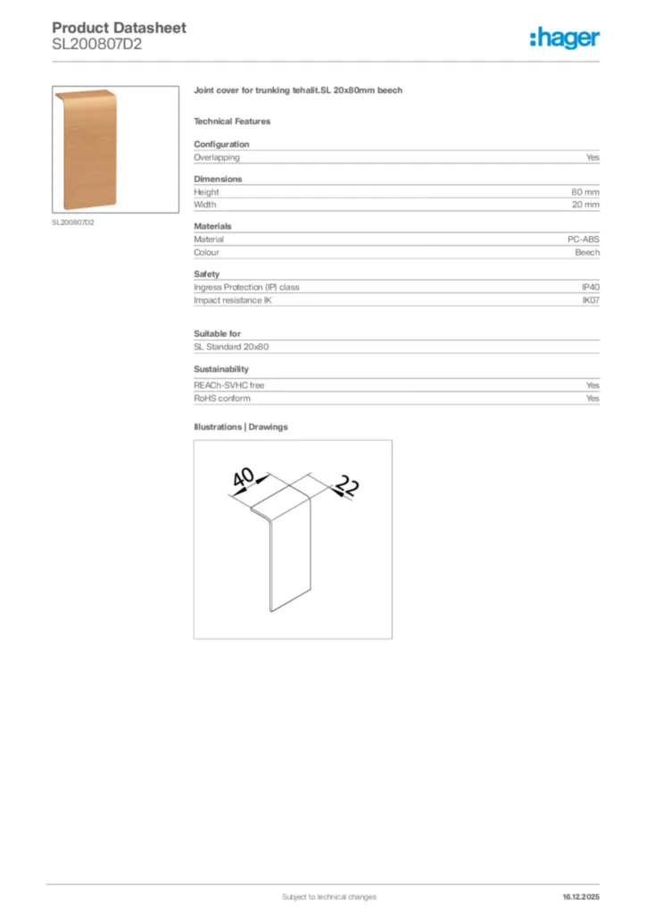 Image Hager Product data sheet SL200807D2  | Hager Africa